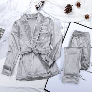 Hechan Gray Velvet Pajamas Warm Long Lengeve Home Suit for Women 2ピースセットシックスリープウェアナイトセット秋の女性240201
