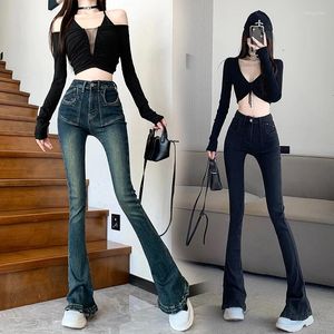 Women's Jeans High Waisted Tight Fitting Slimming Retro Plush Micro Flared Long Pants Horseshoe