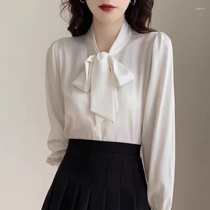 Women's Blouses Elegant Fashion Bow Tie Shirt Korean Simple Satin Blouse Spring 2024 Professional OL Tops Blusa