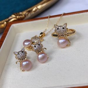un set di perle d'acqua dolce adorabile ciondolo gatto carino orecchini pendenti da 78 mmAnello grigiorosanerogialloviola 240119