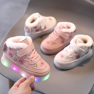 Детская хлопковая обувь для девочек, плюшевые туфли со светодиодной подсветкой, зимняя нескользящая спортивная обувь с высоким берцем, светящиеся детские повседневные кроссовки 240131