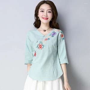 Ethnic Clothing Ladies Chinese Tops Hanfu Embroidery Vintage Shirt Literary Cheongsam Top Cotton Linen Style Women 11091