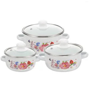 Double Boilers 3 Pcs Small Pot Camping Cookware Soup Bowl With Lid Enamel Two Handle Stockpot