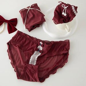 Women's Panties L-XL Underwear Panty Sexy Lace Girl Bowknot Wine Red Brief Med Waist Seamless Underpants Female Lingerie
