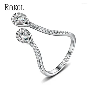 Cluster Ringe RAKOL Luxus Weiß Zirkonia Ring Mode Unregelmäßig Offen Einstellbar Für Frauen Persönlichkeit Party Kleid Schmuck