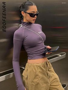 Women's T Shirts Boofeenaa Streetwear Fashion Zipper Crop Top Long Sleeve Tees Y2K Clothes Sporty Casual Slim Fitted Shirt Femme C95-DC23