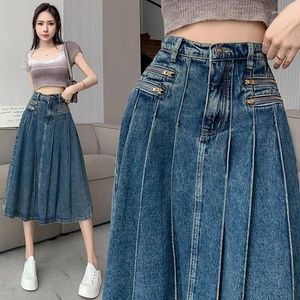 Skirts Fashion Women Denim Skirt Multi-zipper Spliced Vintage Versatile A-line Mid Calf Pleated Autumn 2024