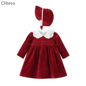 Clibeso vinterbutik klänning för baby flicka elegant spädbarn varma broderi klänningar barn födelsedagsfest kläder lolita hatt 240126