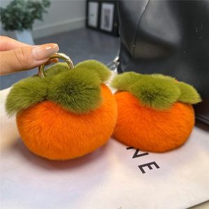 Cute Plush Persimmon Real Rex Rabbit Fur Keychain Kids Bag Ornaments Pendant Women Car Keyring Jewelry Trinkets Birthday Gifts 240122