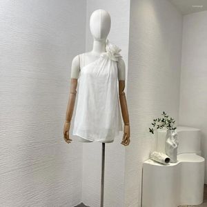 Женские блузки из шелкового льна высокого качества 2024, белые цветы, цветущие женские блузки на одно плечо, топы