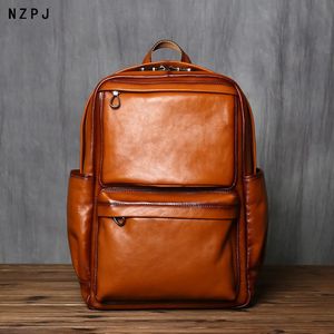 NZPJ искренняя кожаная мужская рюкзак Retro Top Layer Cowhide Casual Computer Bag European и American Travel Bag 240119