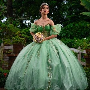 Mint Sweetheart Ball Gown Quinceanera Dress Tulle Applique Lace Beads Tull Off the Shoulder Party Gown Sweet 16 Vestido De 15 Anos