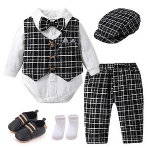 Infantil 1º aniversário cavalheiro roupas nascidos xadrez colete chapéu calças branco bodysuit traje de casamento bebê menino formal boutique conjunto 240127