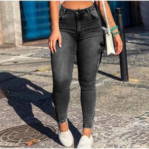 Plus Size Taschen Patchwork Slim Fit Cargo Jeans 3XL Vintage Streetwear Hohe Taille Reißverschluss am Saum Dehnbare Skinny Denim Bleistifthose 240202