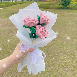 Decorative Flowers 1PC Valentine's Day Eternal Knitted Bouquet Finished Twist Stick Red Rose Pink Handmade Pearl