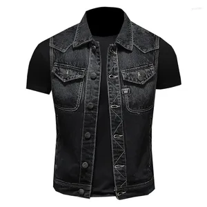 Coletes masculinos homens motocicleta denim colete primavera outono sem mangas jaqueta slim fit casual cowboy colete preto de alta qualidade