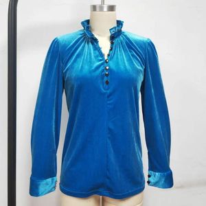 Women's Blouses Business Top Elegant Stand Collar Golden Velvet Blouse For Women Soft Long Sleeve Pullover Loose Fit Spring Fall Breathable