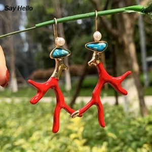 Kolczyki Dangle Say Hello boho zielona kamień naturalny koralowa perła dla kobiet oryginalne ręcznie robione metalowe prezenty Brinco