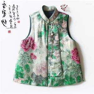 Women's Vests Chinese Style Vest For Women In Autumn And Winter 2024 Stand Collar Sleeveless Cotton Jacket Retro Printed Quilted Top Z4500