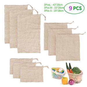 9Pcs Reusable Cotton Mesh Bag Kitchen Fruit Vegetable Produce Bags Home Storage Bags Organizer Washable Cotton Shopping Bag 240125