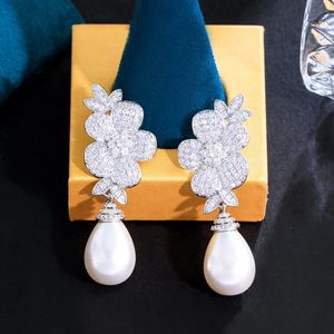 CWWZircons Micro Paved White Cubic Zirconia Flower Long Dangle Drop Pearl Earrings for Women Engagement Wedding Jewelry CZ545 240202