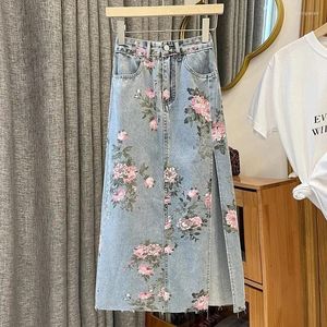 Kjolar blommor blå front slits denim kjol för kvinnor mode fasta raka fickor hög midja lång bodycon penna jean