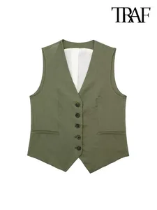 Women's Vests TRAF Women Fashion Front Button Linen Waistcoat Vintage V Neck Sleeveless Female Outerwear Chic Vest Tops