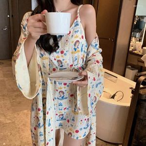 Women's Sleepwear Cartoon Print Pajamas Gauze Cotton Japanese Kimono Nightgown Princess Home Suit Comfortable Two Piece Set Night Dress Cute