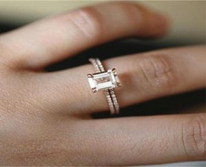 18K Rose Gold Rings Set Slim Princess Morganite Proposal Gift Clear Diamond Jewelry Birthday Party Engagement Wedding Band Ring8204311255
