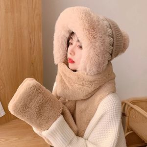 Womens Hat Scarf in One Female Winter Plush Warm Plus Fleece Thickened Cold Bib Gloves Ear Protection Ski Fashion Hat240125