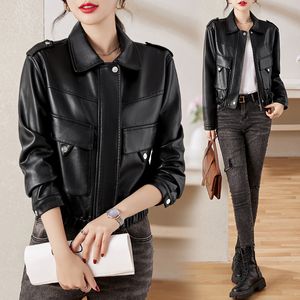 Lautaro Black Crop Leather Jacket Women Zipper Long Sleeve Gufficer Jacket Stacket بالإضافة إلى ملابس الموضة للنساء 6XL 7XL 201030