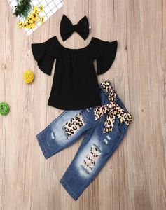 RetailWhole Girl Leopard Jeans Tracksuit 3st Set Clothing Set Flare Sleeve Topsash Pantbow pannband Girls Outfits Childry4299248
