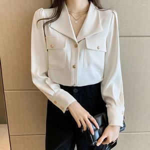 Women's Blouses Elegant Chiffon Shirt Fashion French Drop Neck Long Sleeve Button White Top Korean Casual Clothing