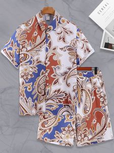 Masculino 2 peças casual verão vocação outfit elegante e confortável paisley impressão camisa de manga curta shorts com cordão 240201