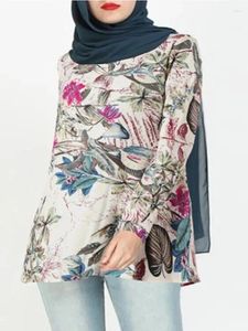Bluzki damskie Abaya bawełniane i lniane nadrukowane długie rękawowe okrągła szyja swoboda muzułmańska koszula