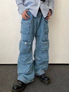 Y2K Style Multi-Pocket Tooling Cargo Jeans Men's American Retro Street Harajuku byxor tvättade Mopping Pants Youth Clothing 240125