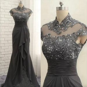 Silberne Vintage-Mutter der Braut-Kleider, Stehkragen, kurze Ärmel, Mutterkleid für die Hochzeit, Braut-Spitzenperlen-Pailletten-Kleider für afrikanische Bräutigam-schwarze Frauen