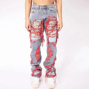 High Street Hip Hop Destroy Jeans larghi ricamati spazzolati Pantaloni casual in denim a gamba dritta Uomo Donna 240125