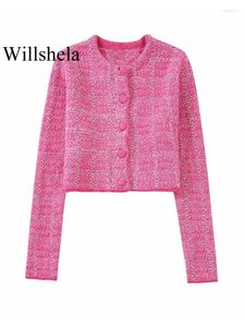 Women's Knits Willshela Women Fashion Texture Single Breasted Cropped Cardigan Sweater Vintage Long Sleeves O-Neck Female Chic Lady Outfits