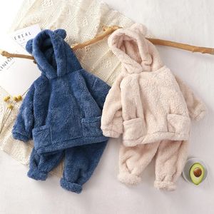 冬の男の子の女の子の服セット幼児幼児の両面ぬいぐるみコートとズボン2pcs子供暖かい衣装の子供パジャマ240202