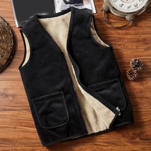 Men's Vests Men Autumn Winter Vest Sleeveless Thick Plush Lining Solid Color V Neck Pockets Zipper Closure Cardigan Casual Mid-aged Father J