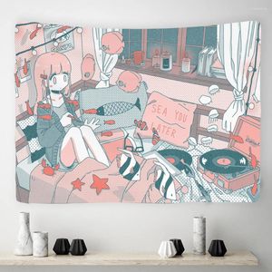 Tapestries japansk anime flicka rosa tapestry söt vägg hängande kawaii y2k estetik rum dekor hem sovrum sovsal dekoration 75x58 cm