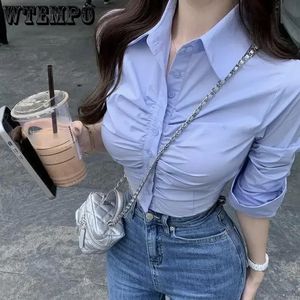 WTEMPO Ins Sexy Cropped Tops Fashion Blouses for Women Folds Tunic Short Sleeve Casual Shirts Korean Y2K Blue White T-Shirts 240202