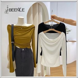 Beenle Woman Tshirt Korean Style Clothes Solid Offshoulder Top LongSleeved Tees Luxury Bluses Winter Casual Chiffon 240127