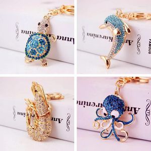 Keychains Fashion Rhinestone Turtle Keychain Crystal Metal Octopus Dolphin Keyring Cartoon Marine Style Bag Car Pendant Hanging Ornament