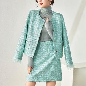 Arbetsklänningar Eleganta kjolar för kvinnor 2 stycken Autumn Winter Long Sleeve Jacket Coat och minikjol Kvinnor 30% Wool Tweed Two Piece