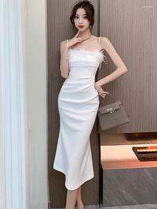 Casual Dresses 2024 White Chic Flocking Luxury Sling Sexy Long Dress Autumn Winter Elegant Dance Party Women Korean Vintage Prom