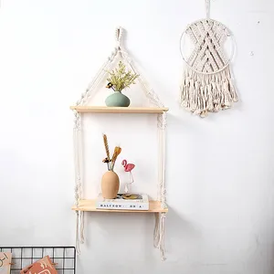 Decorative Plates Hand Woven Macrame Hanging Planter Basket Wooden Shelves Bohemian 2 Layers Rack Wall Tapestry Home Room Decor