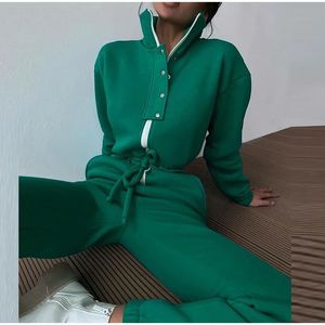 Casual Stand Collar Jumpsuits Women Autumn Winter Zipper Långärmad outfit Solid Loose Drawstring Rompers Tracksuits 240124