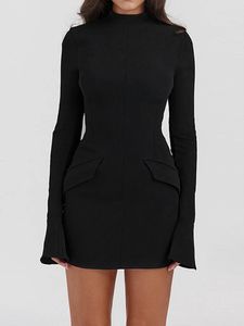 Autunno Office Lady Mini abito Donna Streetwear maniche lunghe Solido sexy aderente Abito nero Casual Clubwear Abiti eleganti da festa 240126